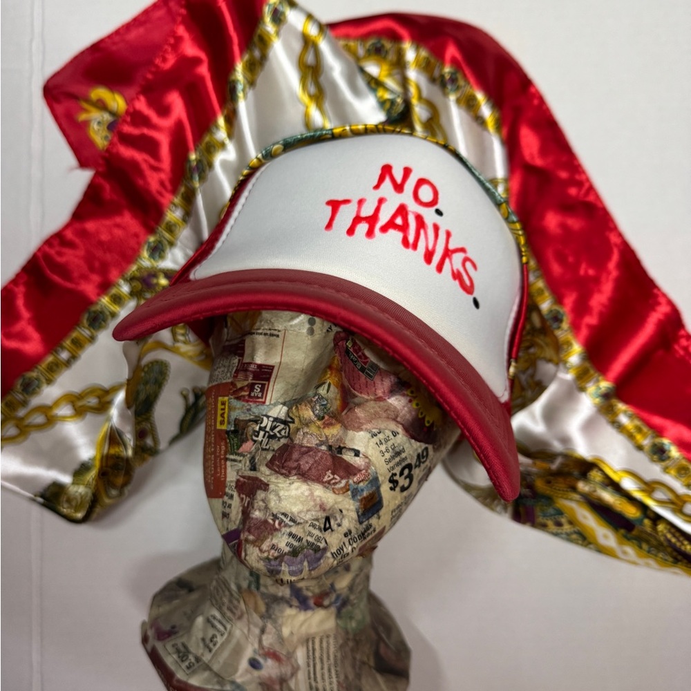 Red and White 'No Thanks' Trucker Hat with scarf